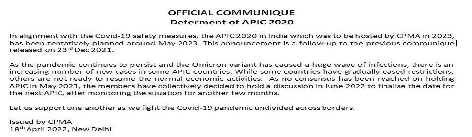 OFFICIAL COMMUNIQUE Deferment of APIC 2020